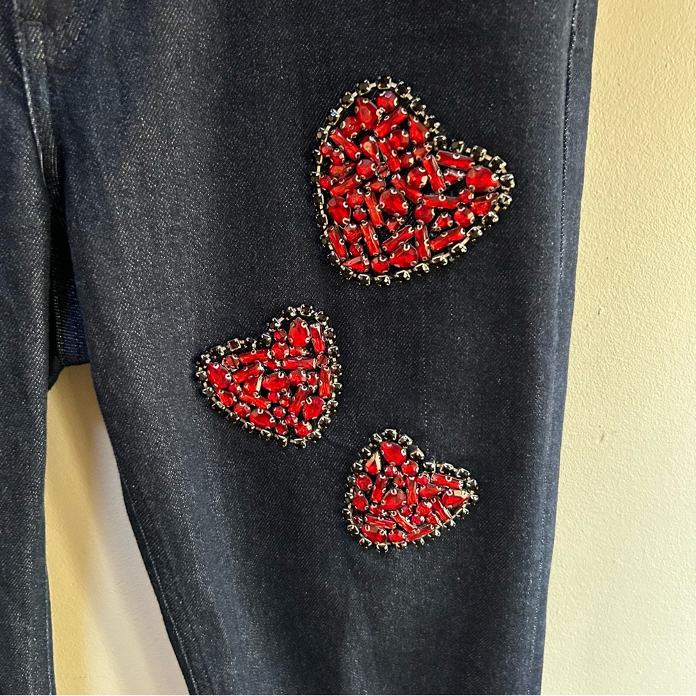 Escada Sport~Red Rhinestone Hearts Denim Jeans Flawed* ~size Approx Large* 12/14